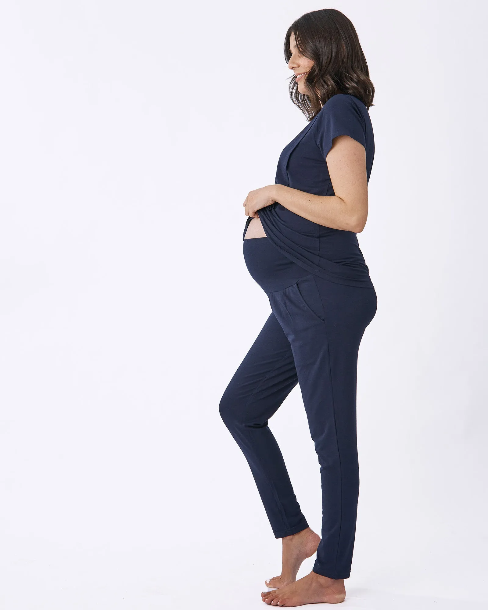 3-Piece Maternity & Nursing Short Sleeve Set with Baby Swaddle In Navy