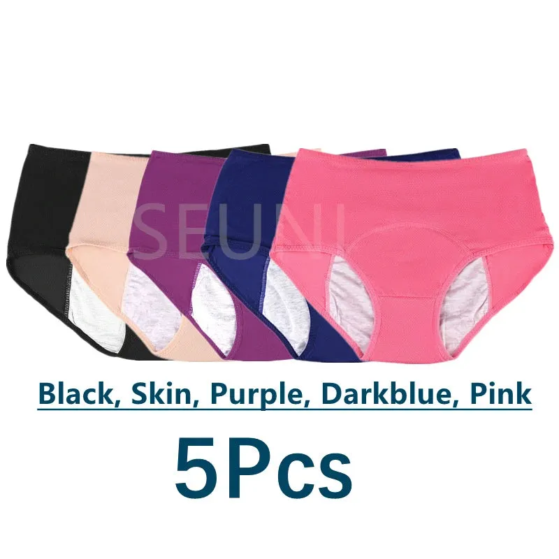 5 Pcs/Pack Menstrual Period Panties Women Leak Proof Cotton Comfort Incontinence Briefs High Waist .