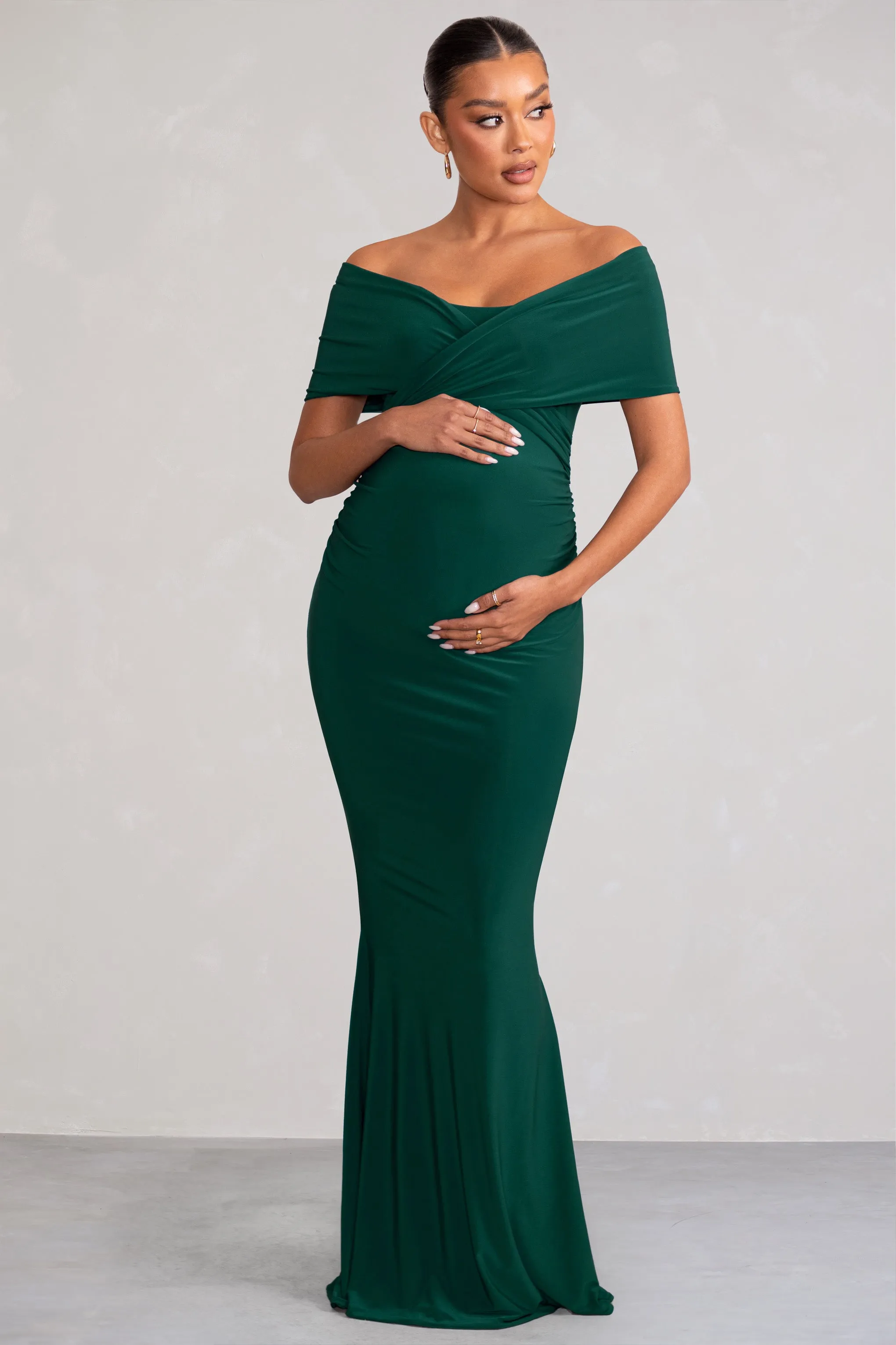 Amal | Bottle Green Bardot Wrap Neckline Maternity Maxi Dress