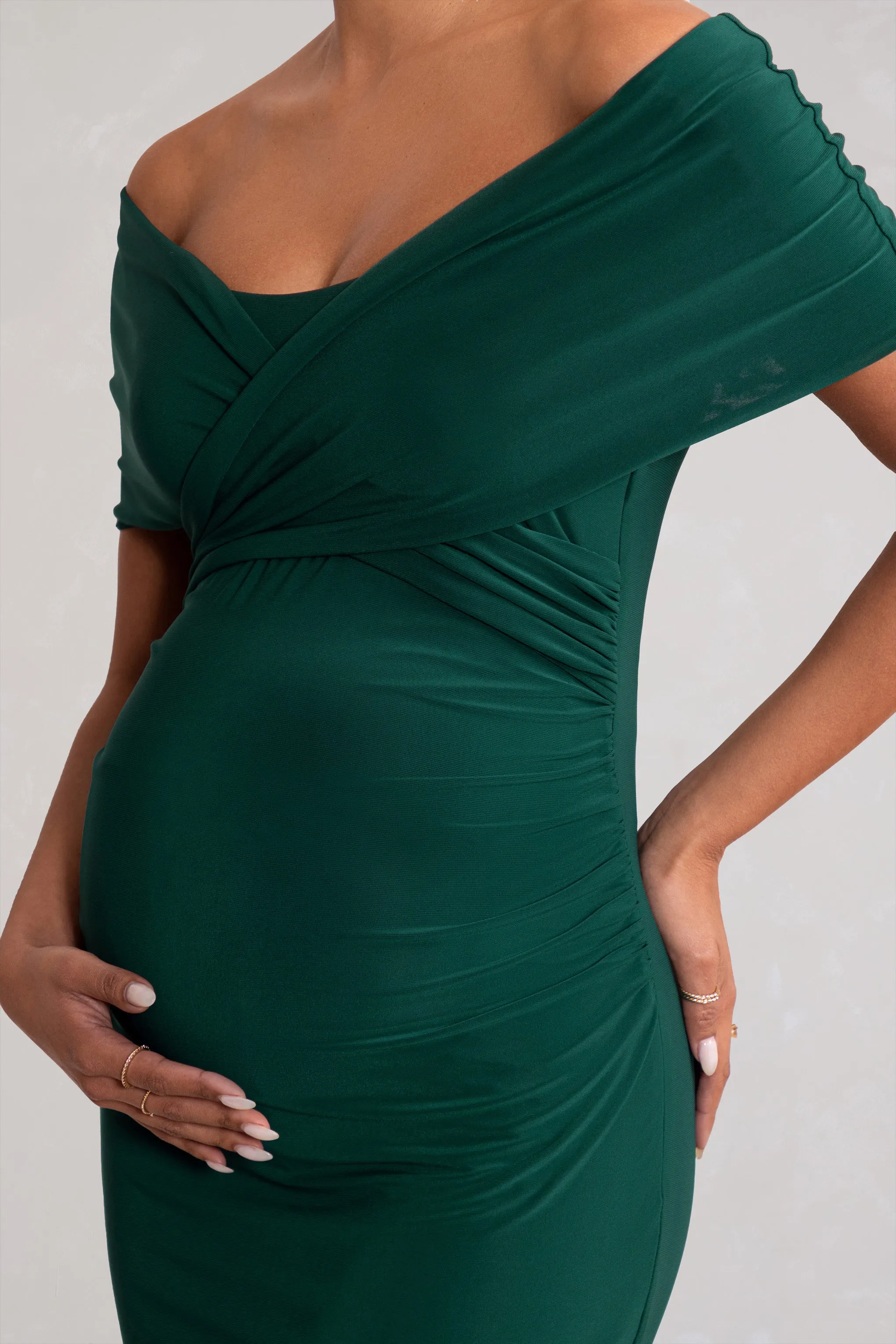 Amal | Bottle Green Bardot Wrap Neckline Maternity Maxi Dress