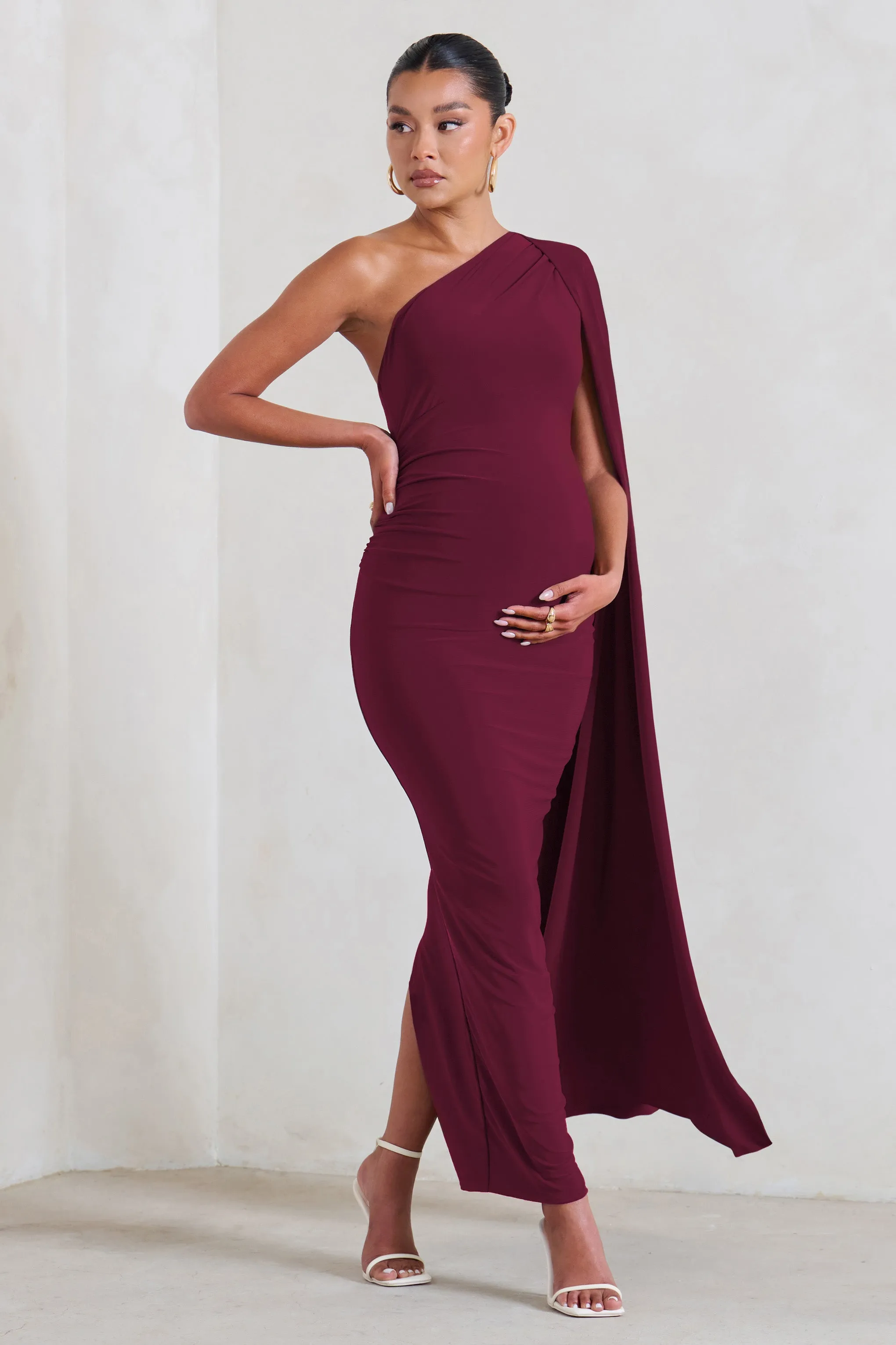 Amaryllis | Burgundy Maternity One Shoulder Maxi Dress with Cape Sleeve