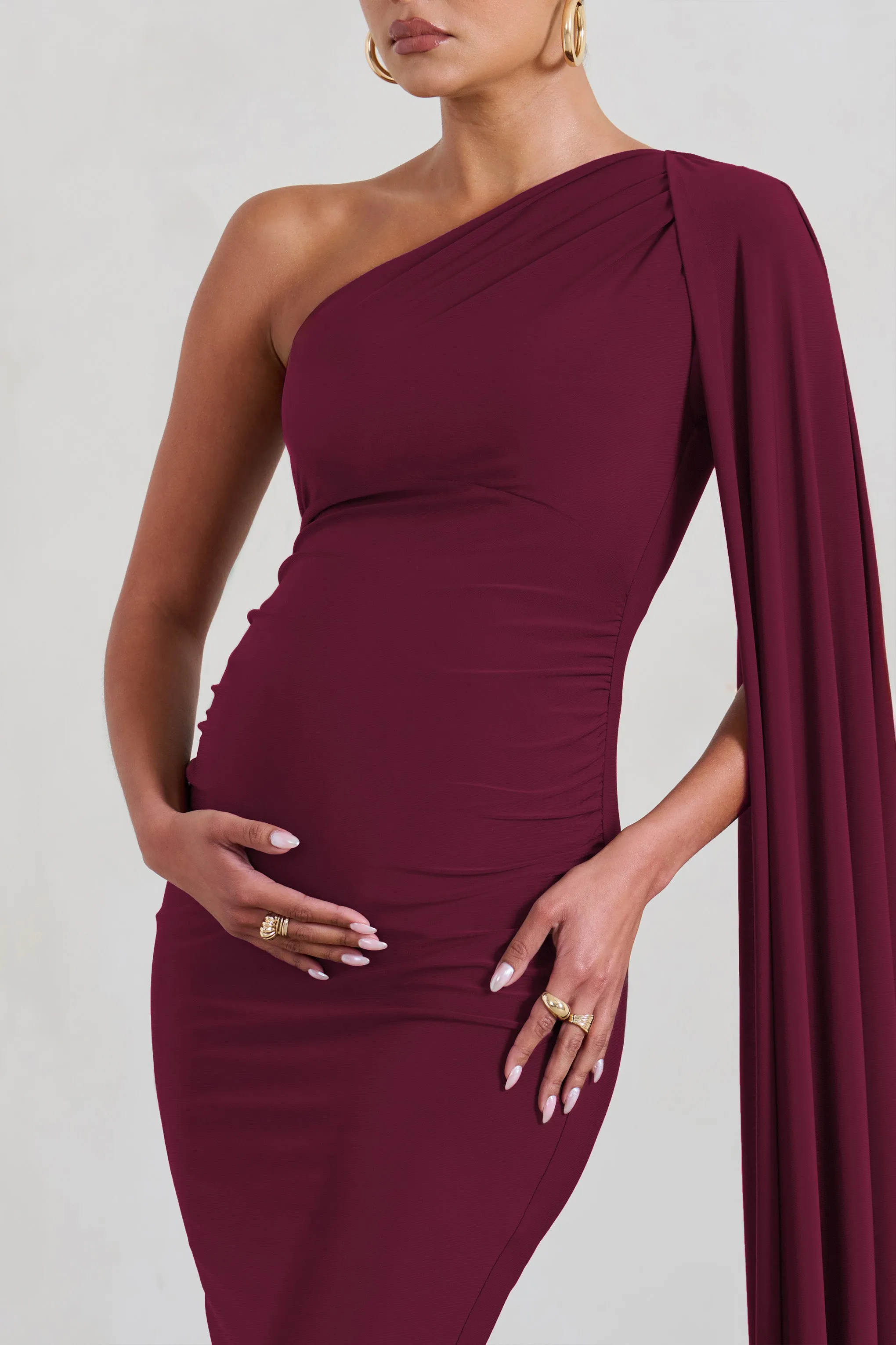 Amaryllis | Burgundy Maternity One Shoulder Maxi Dress with Cape Sleeve