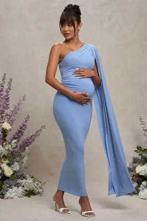 Amaryllis | Powder Blue Maternity One Shoulder Maxi Dress with Cape Sleeve