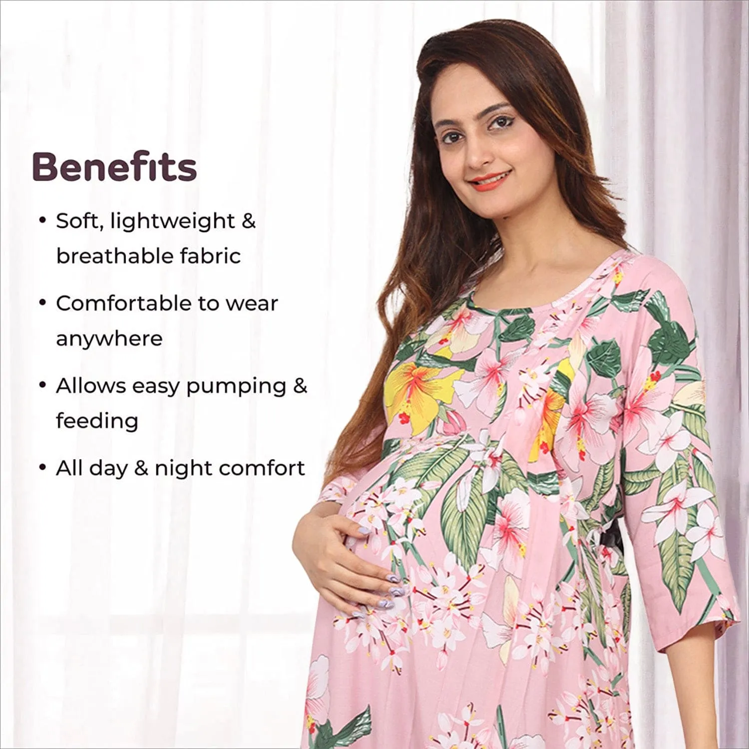 Baby Moo Full Length Comfortable Nursing And Maternity Dress Floral Lily - Pink