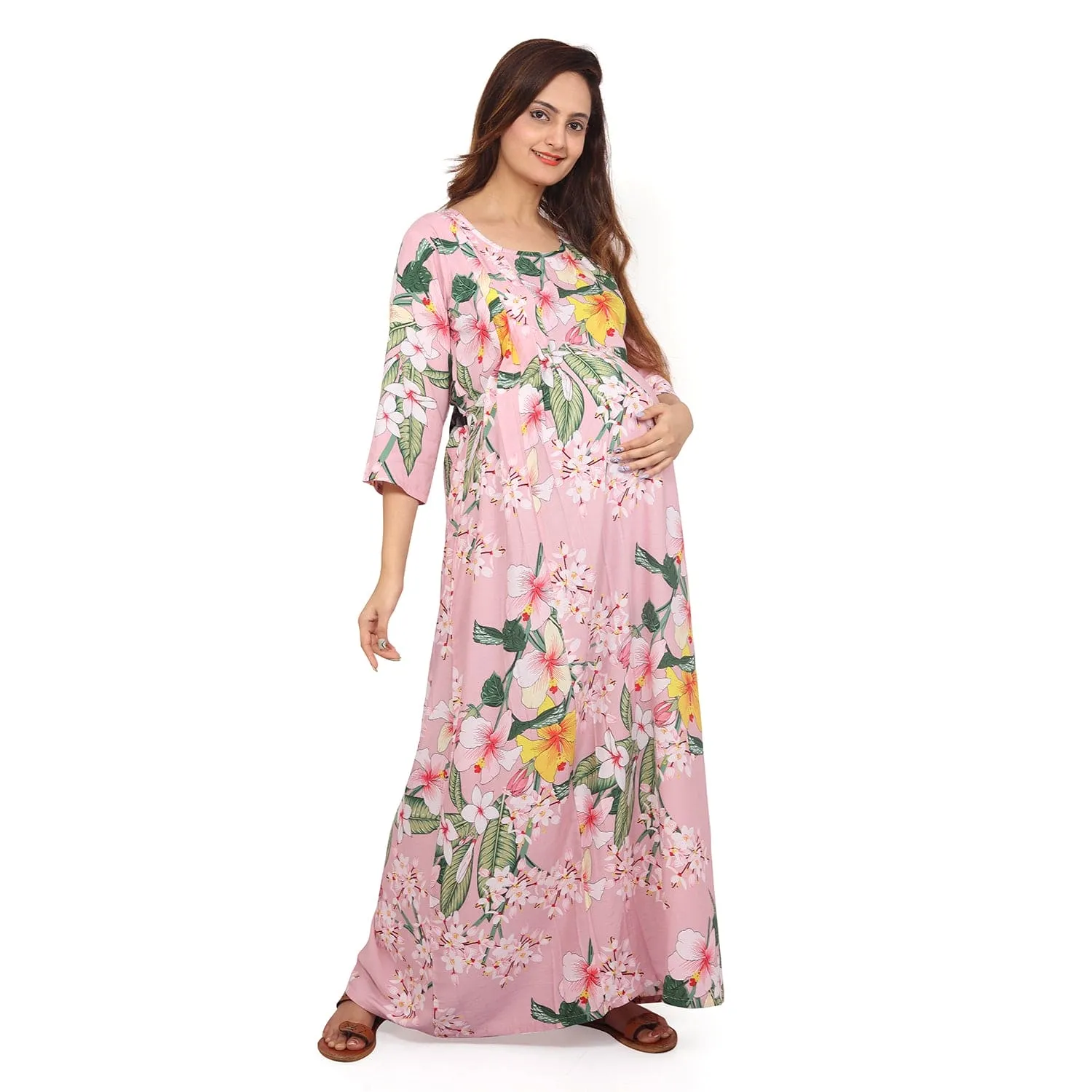 Baby Moo Full Length Comfortable Nursing And Maternity Dress Floral Lily - Pink