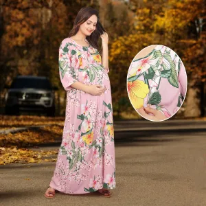 Baby Moo Full Length Comfortable Nursing And Maternity Dress Floral Lily - Pink