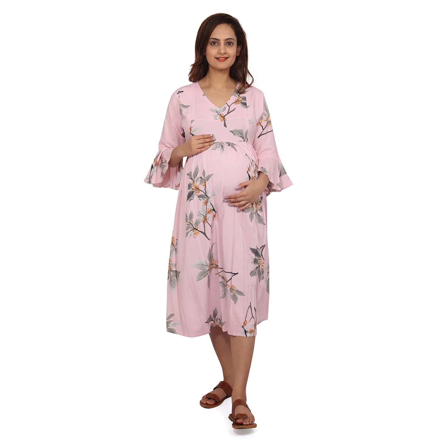 Baby Moo Half Sleeves Comfortable Nursing And Maternity Dress Flower Print - Pink