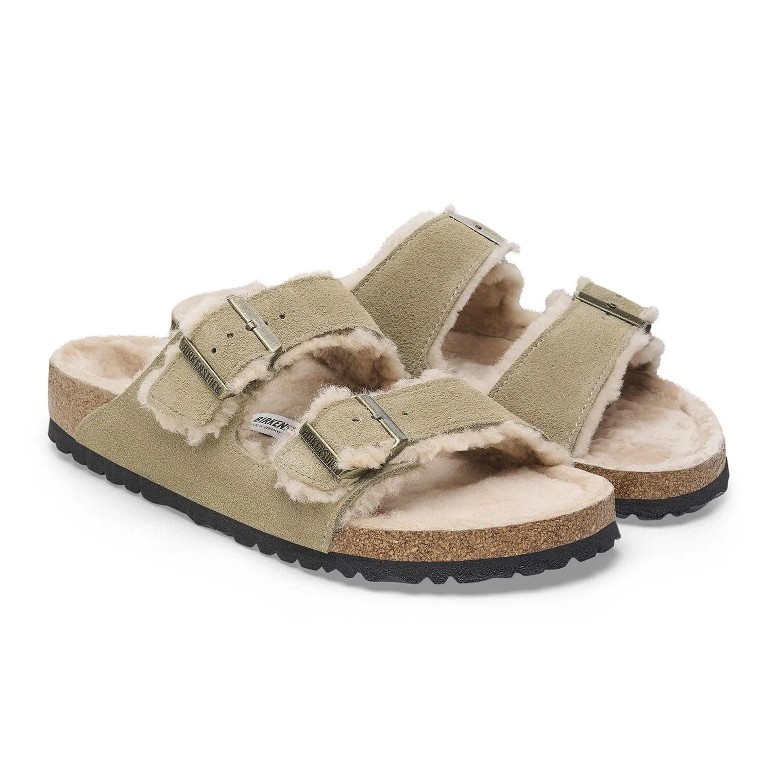 Birkenstock Arizona Slide Sandal (Women) - Taupe Suede/Sandcastle Shearling