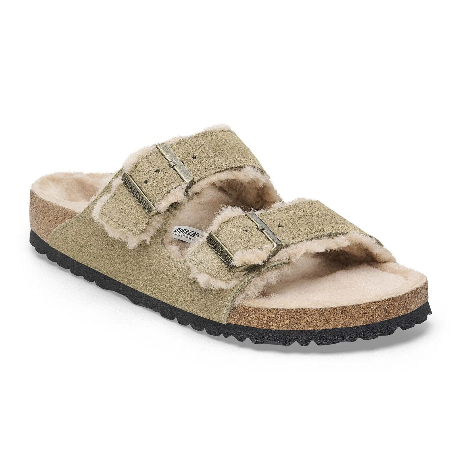 Birkenstock Arizona Slide Sandal (Women) - Taupe Suede/Sandcastle Shearling