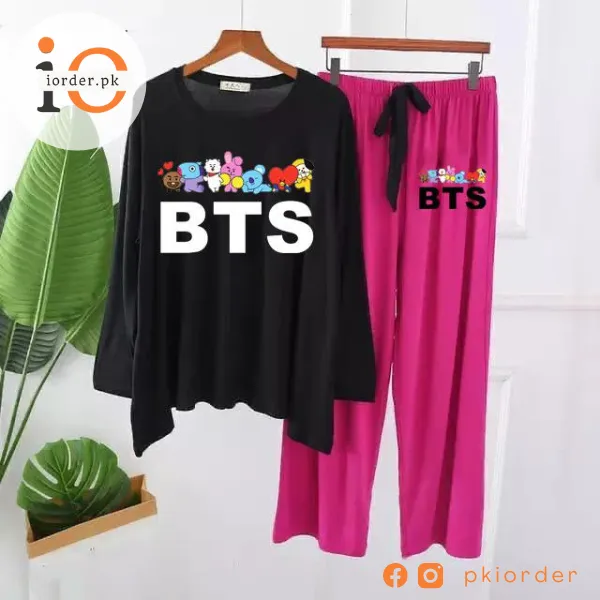 Black BTS and Cartoons Printed Loungewear