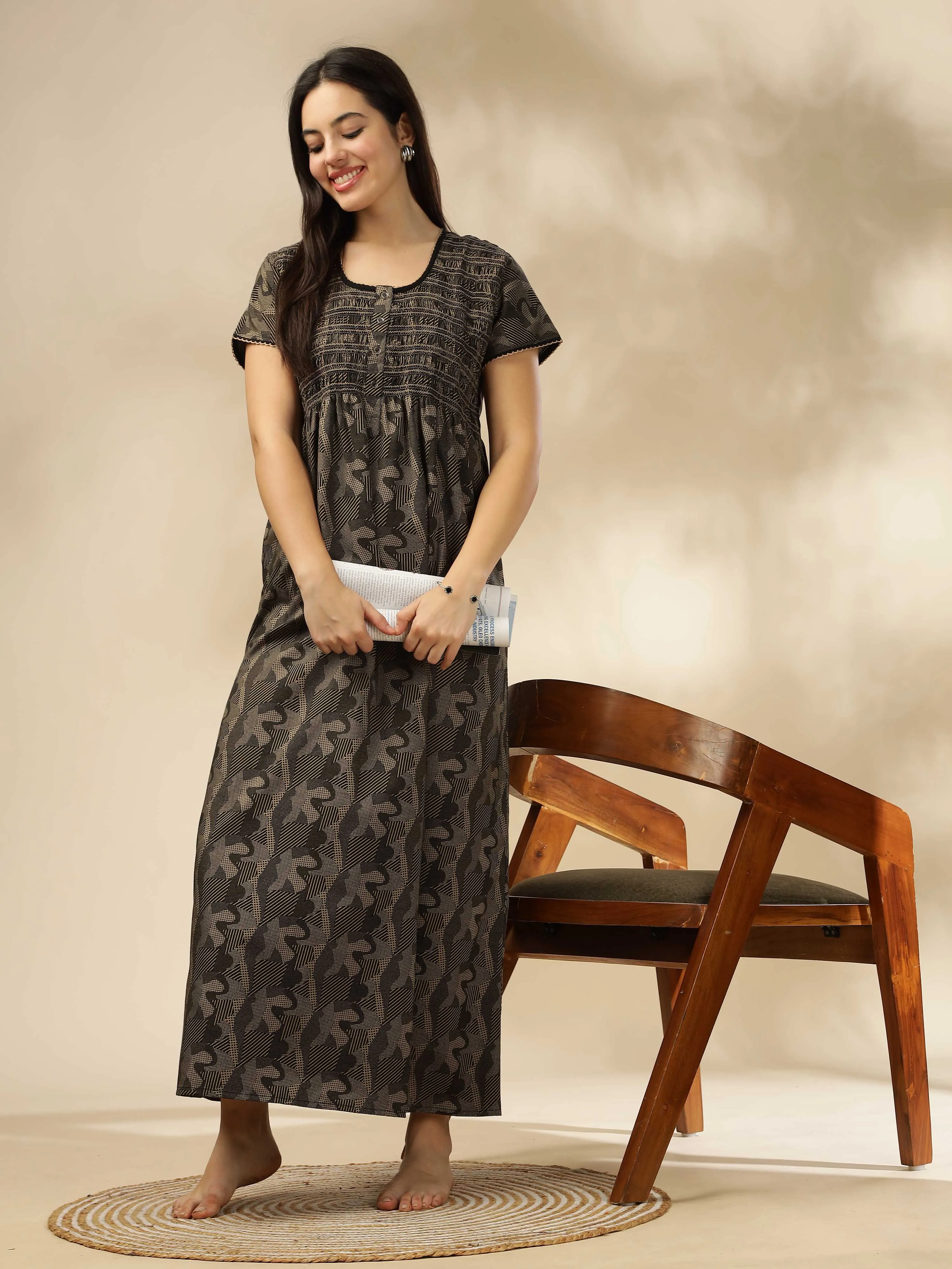 Black Smokey Floral Maxi Nighty – Stylish & Comfortable