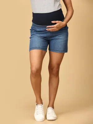 Blue Maternity Denim Shorts With Belly Support