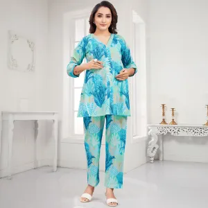 Blue Tropical Printed Nursing Maternity Co-Ord Cotton Set