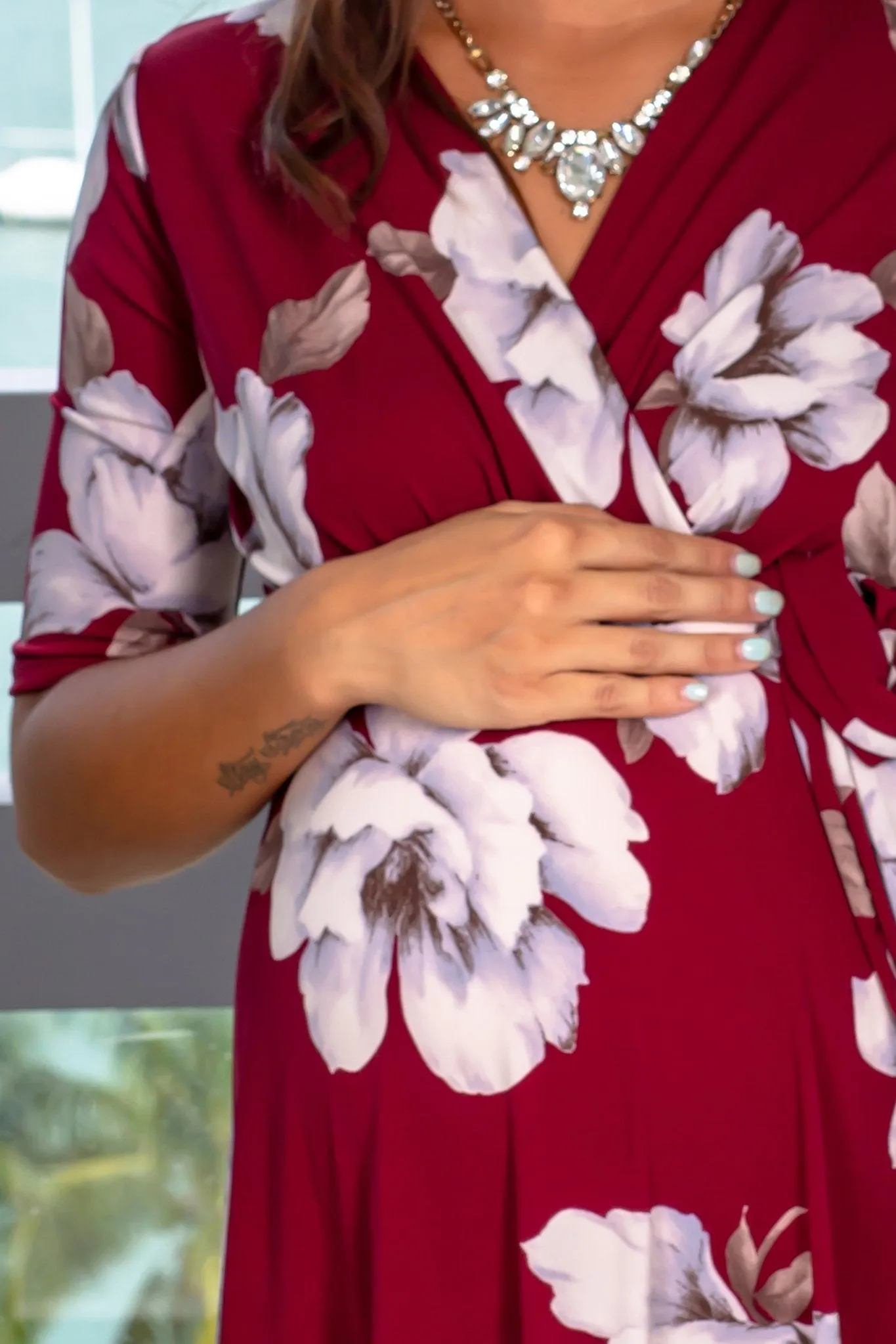 Burgundy Floral Short Dress with Tied Waist