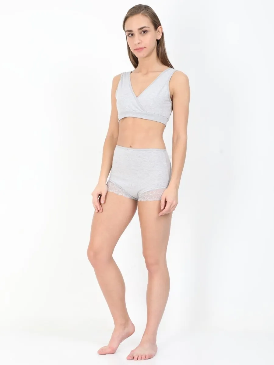 Combo of Gray Pre/Post Pregnancy High Waist Lace Panty and Maternity Nursing Sleep Bra