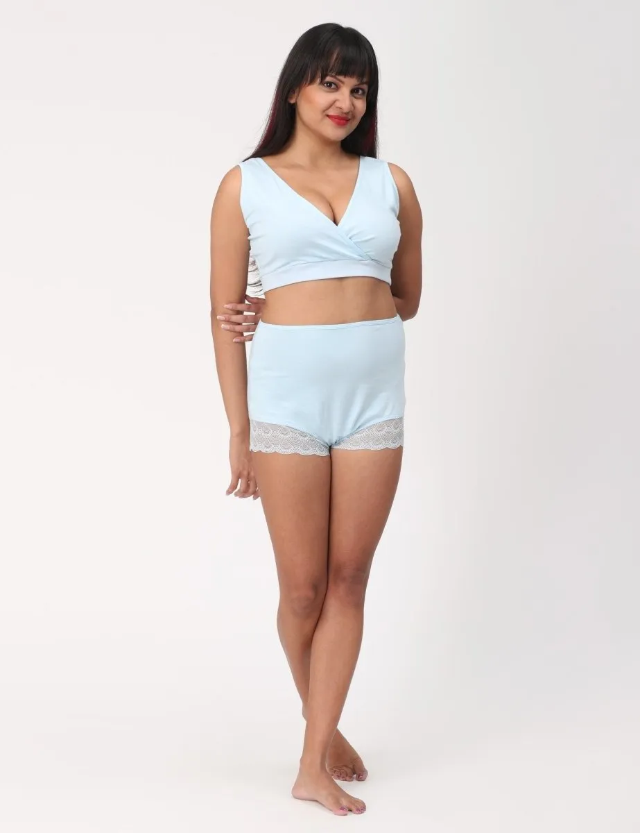 Combo of Sky Blue High Waist Lace Panty and Maternity Nursing Sleep Bra