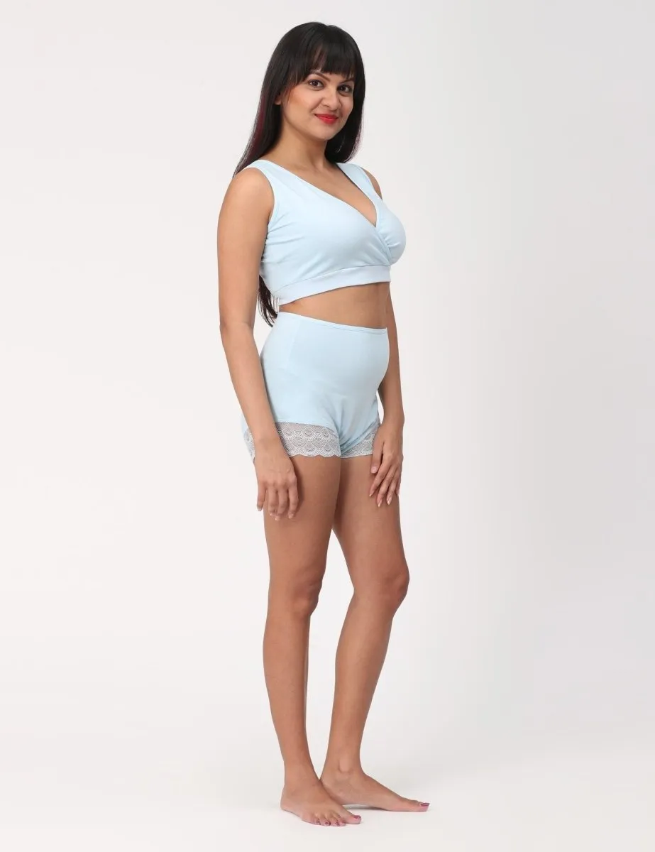 Combo of Sky Blue High Waist Lace Panty and Maternity Nursing Sleep Bra