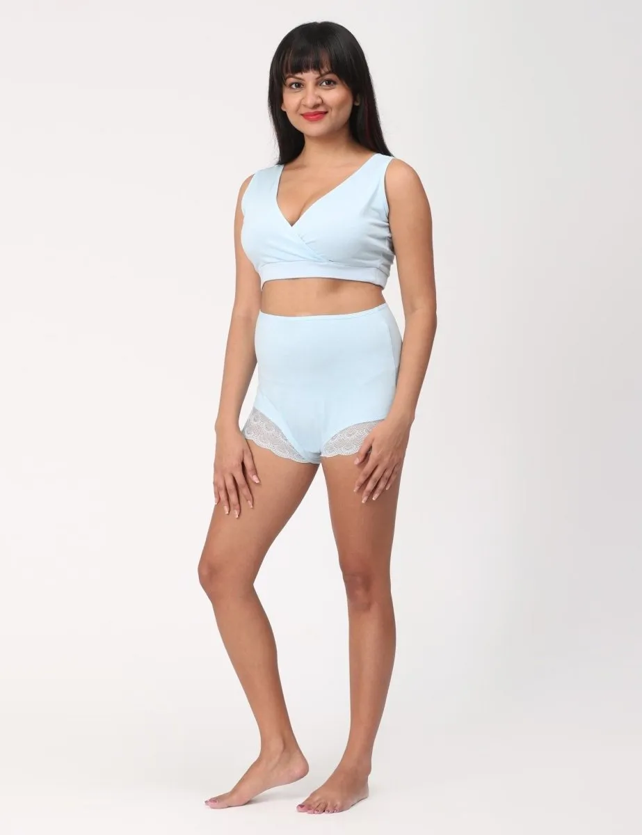 Combo of Sky Blue High Waist Lace Panty and Maternity Nursing Sleep Bra