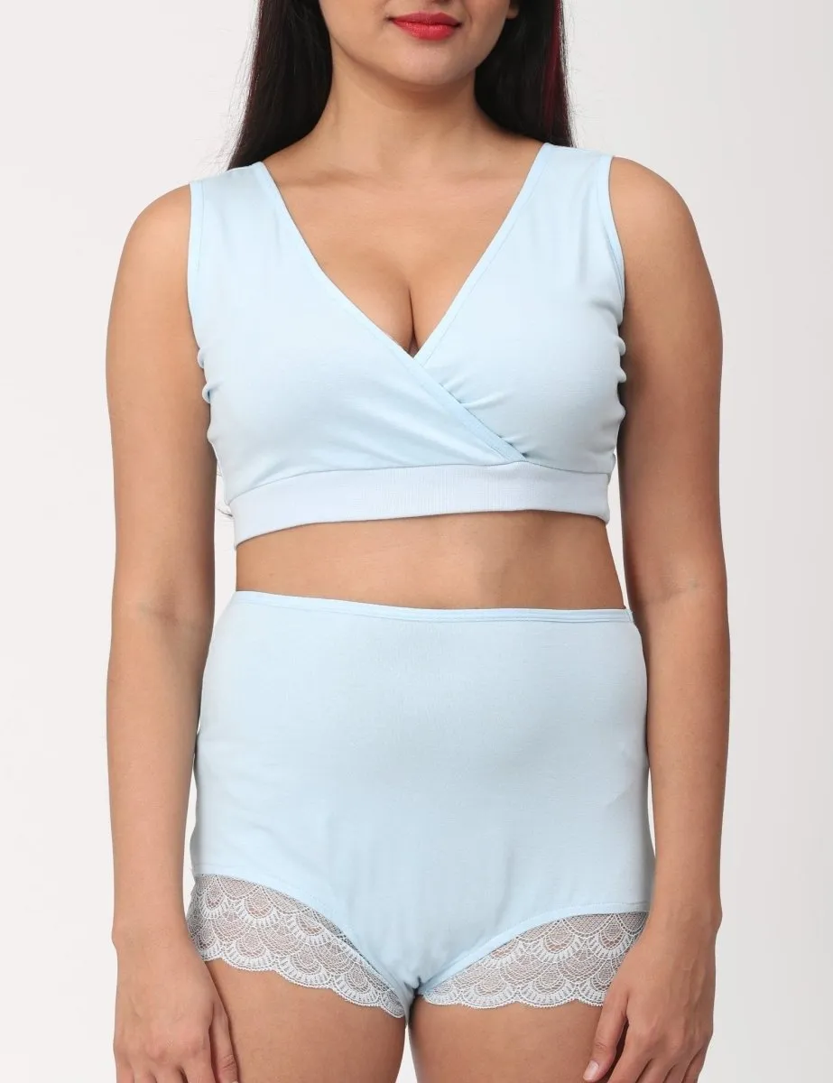 Combo of Sky Blue High Waist Lace Panty and Maternity Nursing Sleep Bra