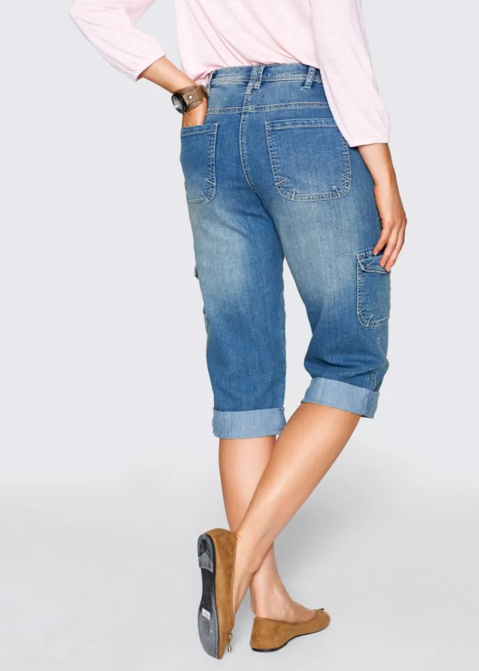 Comfortable elastic cargo jeans with a comfortable capri-length belt Bpc Bonprix Collection blue