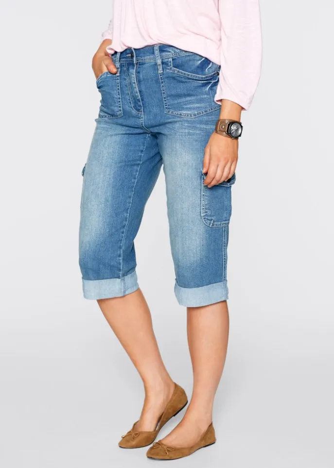 Comfortable elastic cargo jeans with a comfortable capri-length belt Bpc Bonprix Collection blue