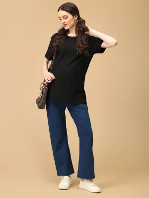 Dark Blue Maternity Knit Denims With Belly Support- Dark Wash