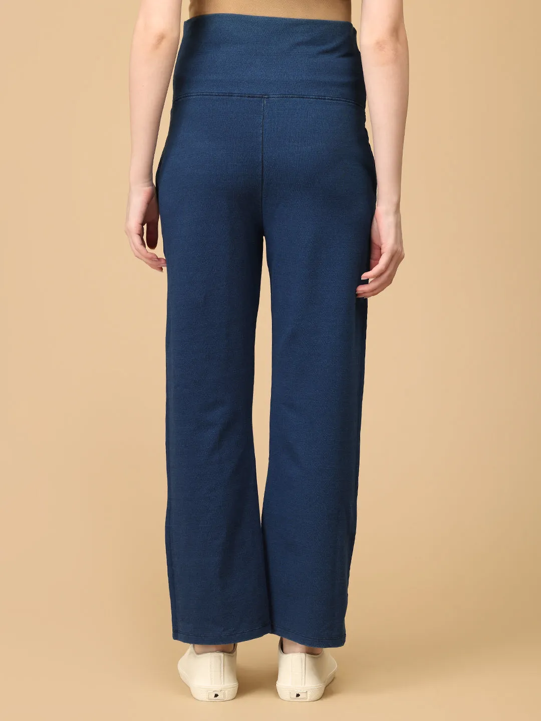 Dark Blue Maternity Knit Denims With Belly Support- Dark Wash