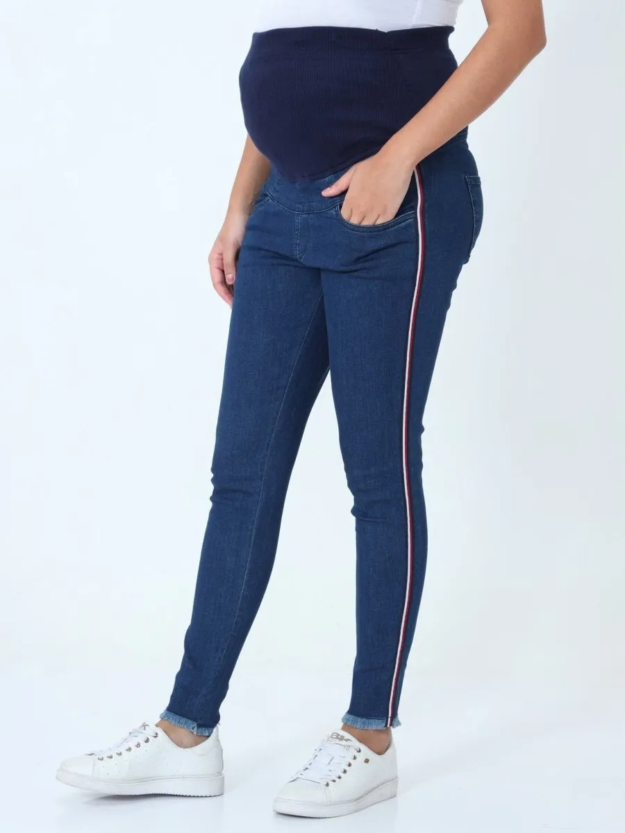 Distress Taped Maternity Denims with Belly Support-Blue