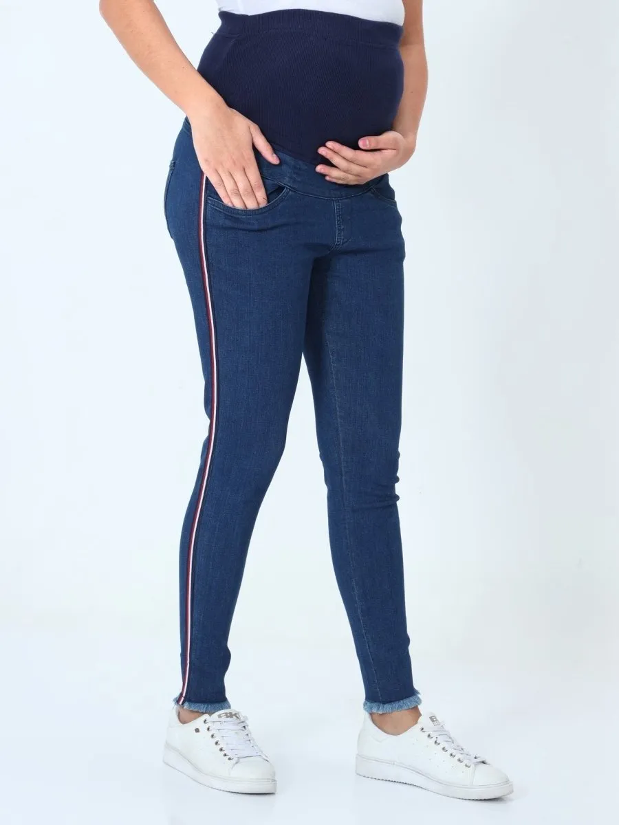 Distress Taped Maternity Denims with Belly Support-Blue