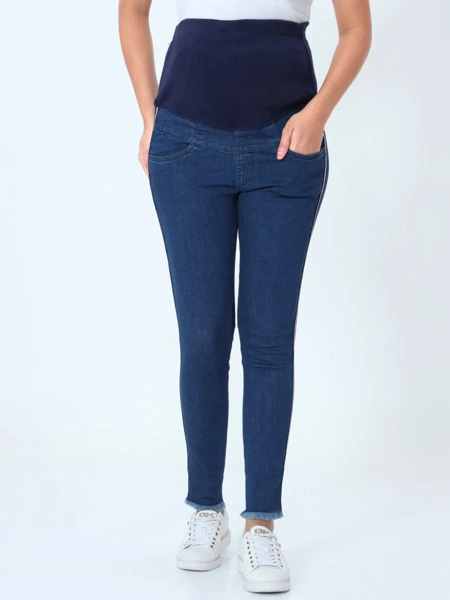 Distress Taped Maternity Denims with Belly Support-Blue