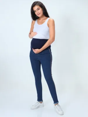 Distress Taped Maternity Denims with Belly Support-Blue