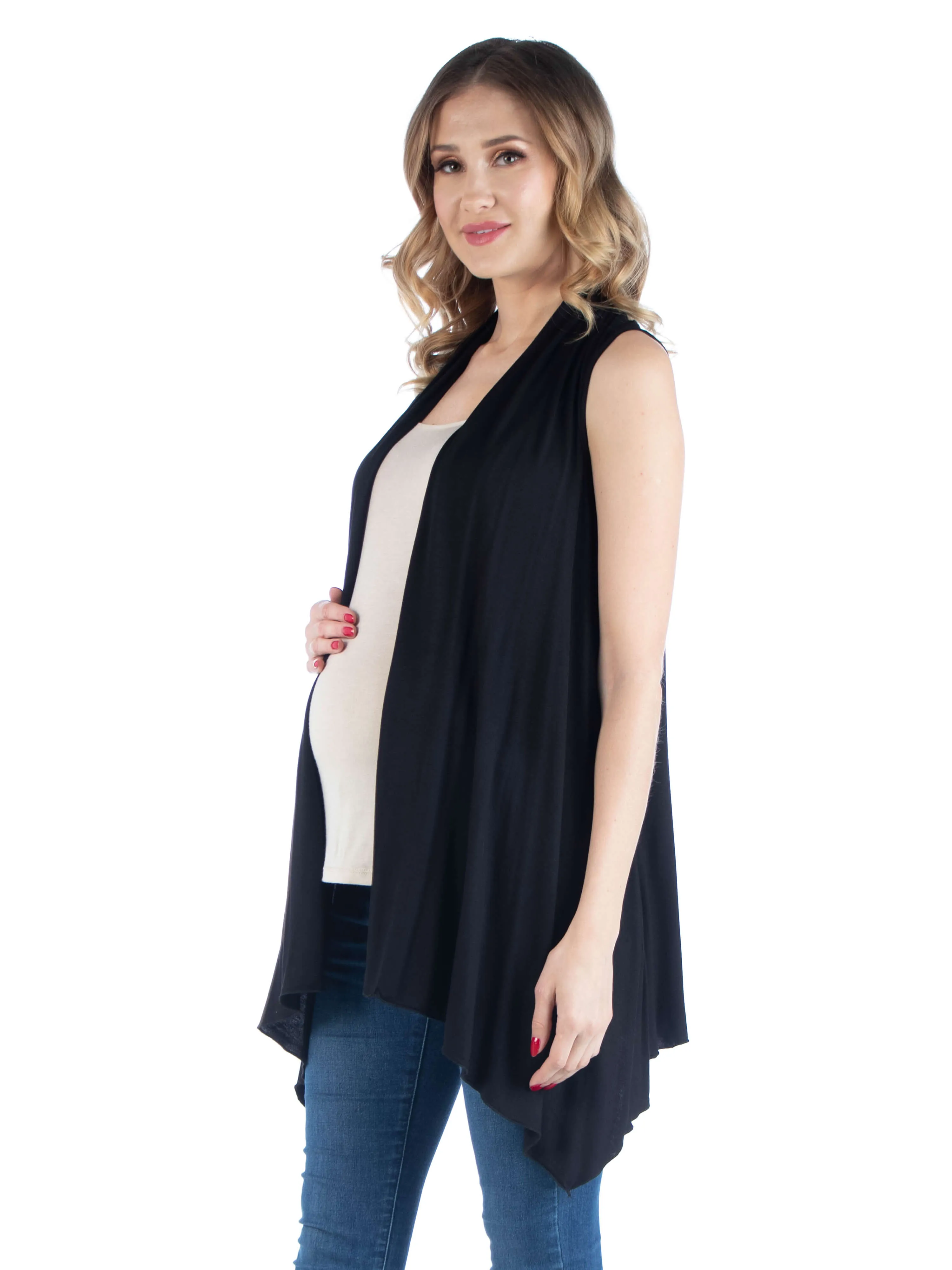 Draped Maternity Open Front Sleeveless Cardigan