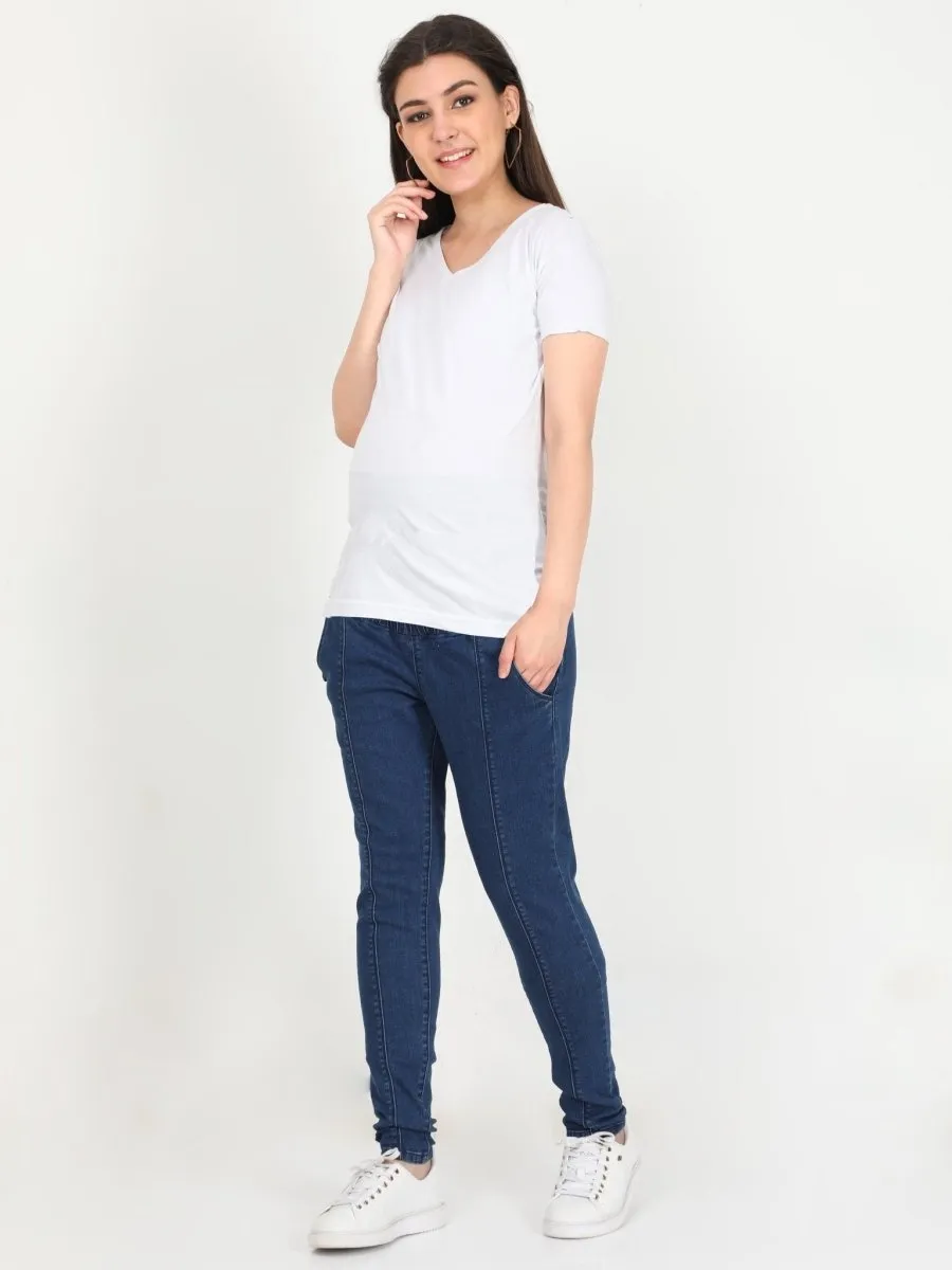 Elasticated Waist Paneled Maternity Denims with Belly Support