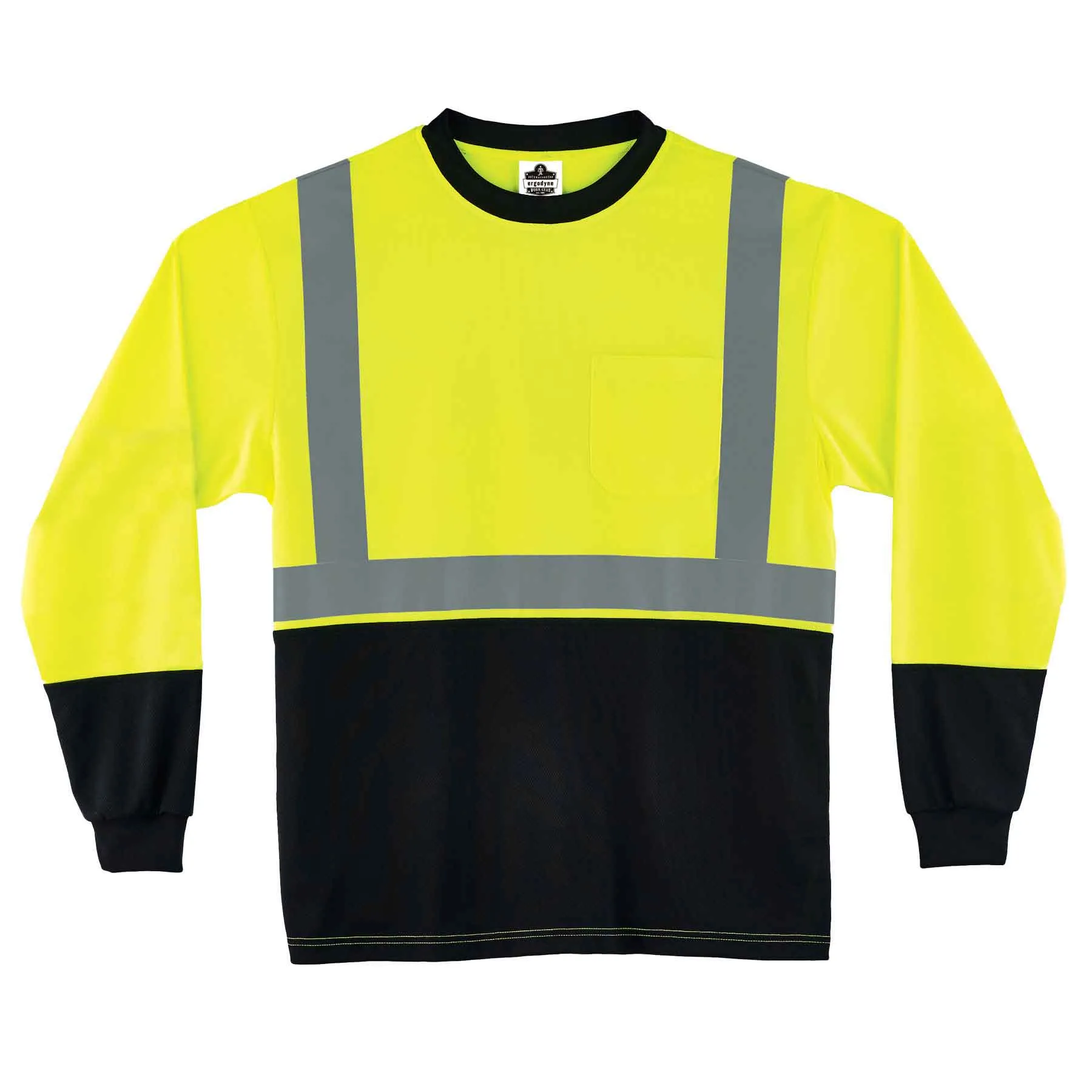 Ergodyne 22708 GloWear 8291BK Type R Class 2 Black Front Long Sleeve T-Shirt, 4XL, HV Lime