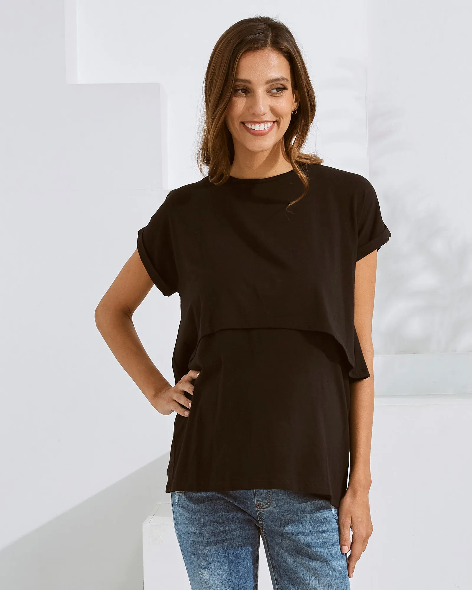 Everyday Nursing Tee with Discreet Front Panel Access In Black