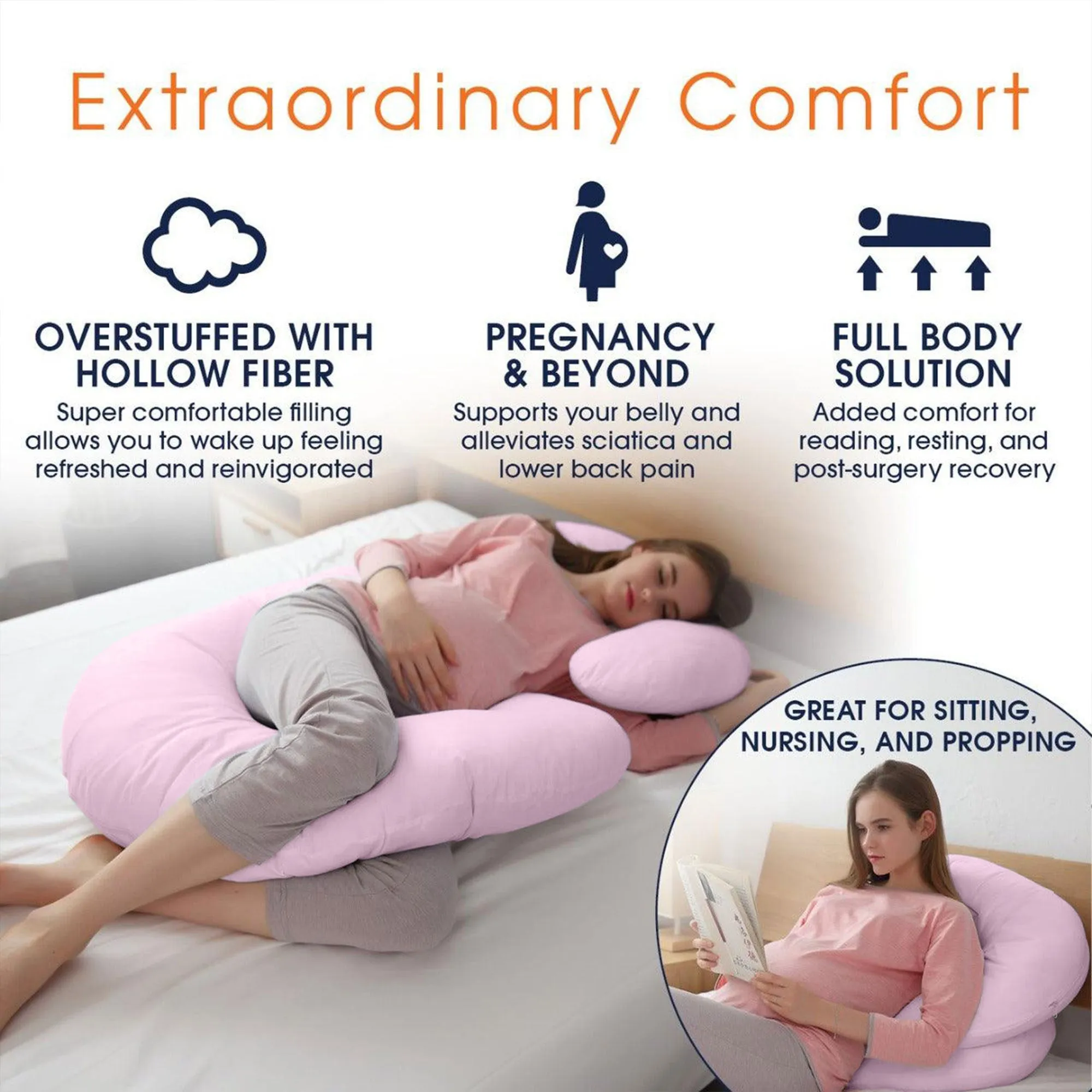 Four Seasons Pregnancy Pillow J Shaped Full Body Maternity Pillow 80x130cm Pink