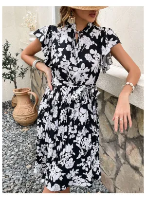 High Waist Midi Dress Printed Black Foreign Trade Dress