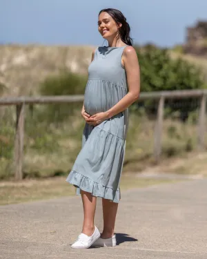 La Belle Maternity Cotton Dress In Pale Sage Blue