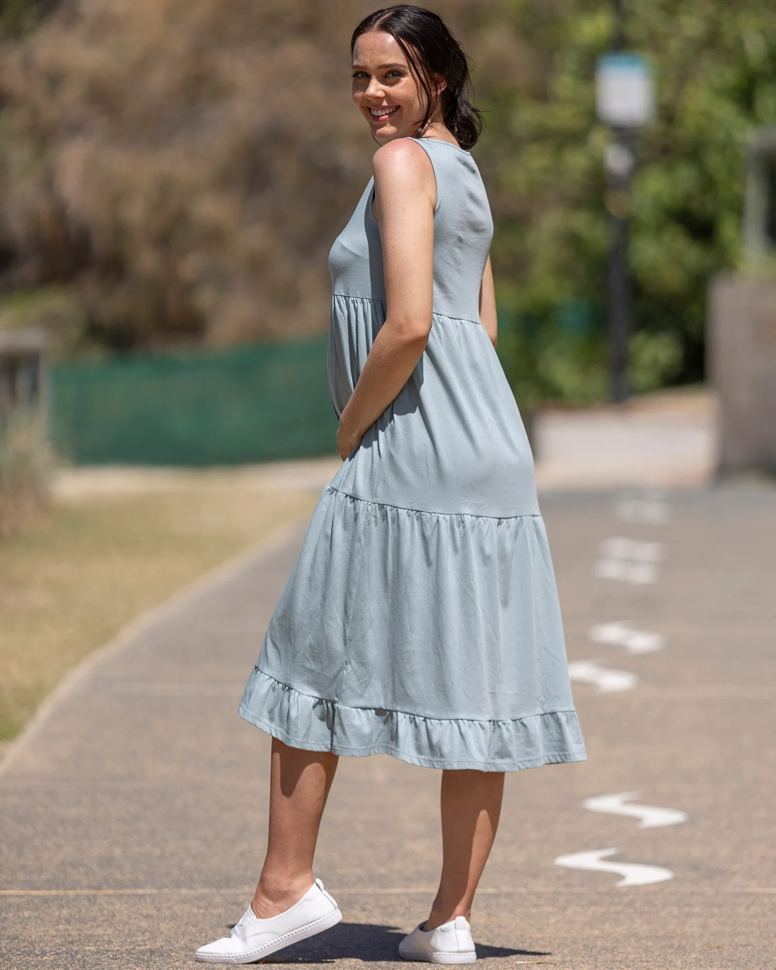 La Belle Maternity Cotton Dress In Pale Sage Blue