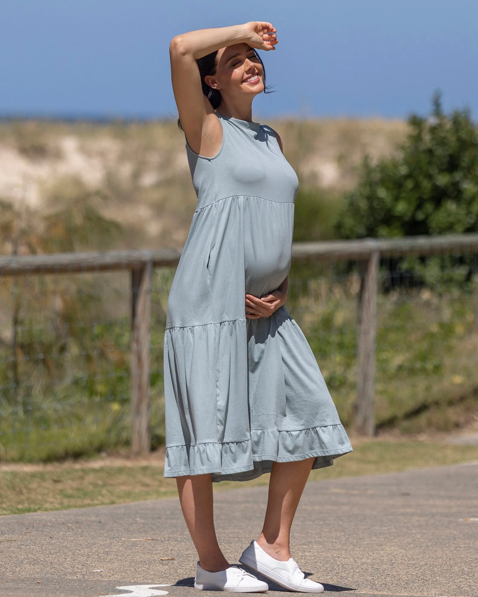 La Belle Maternity Cotton Dress In Pale Sage Blue