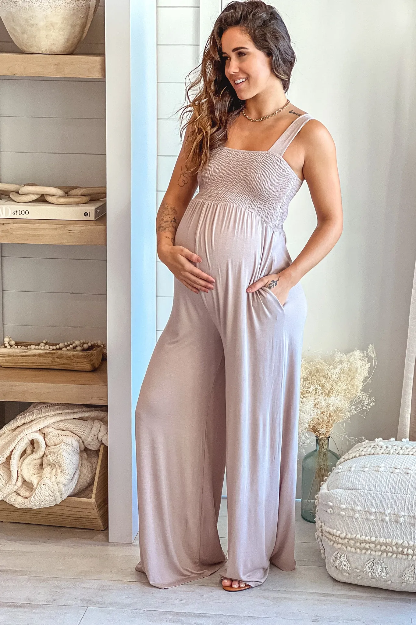 Light Mocha Smocked Top Maternity Jumpsuit