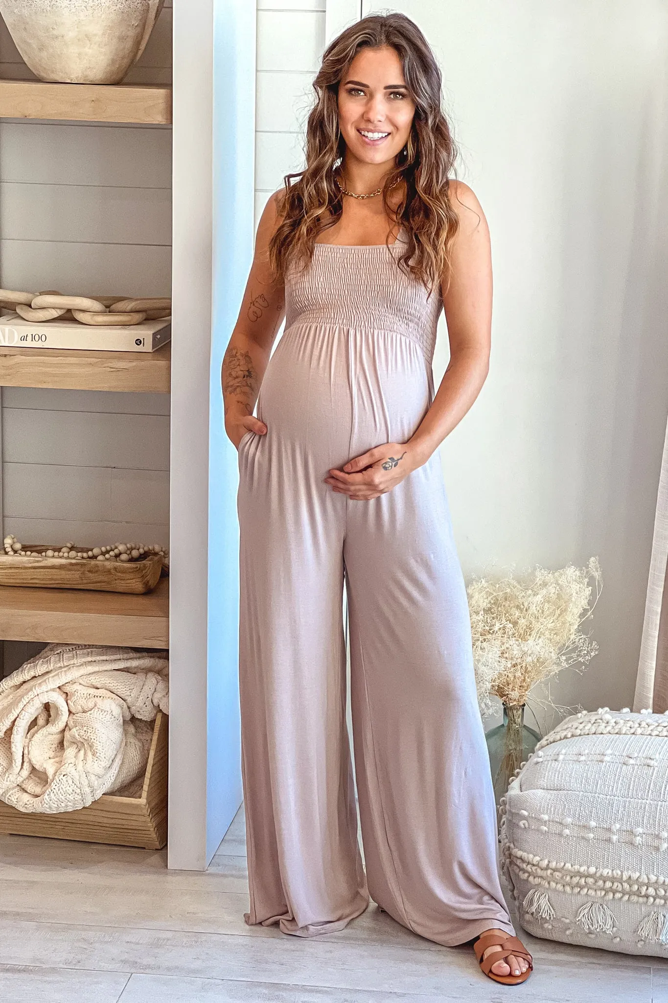 Light Mocha Smocked Top Maternity Jumpsuit