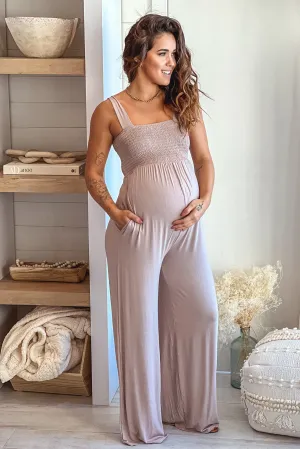 Light Mocha Smocked Top Maternity Jumpsuit