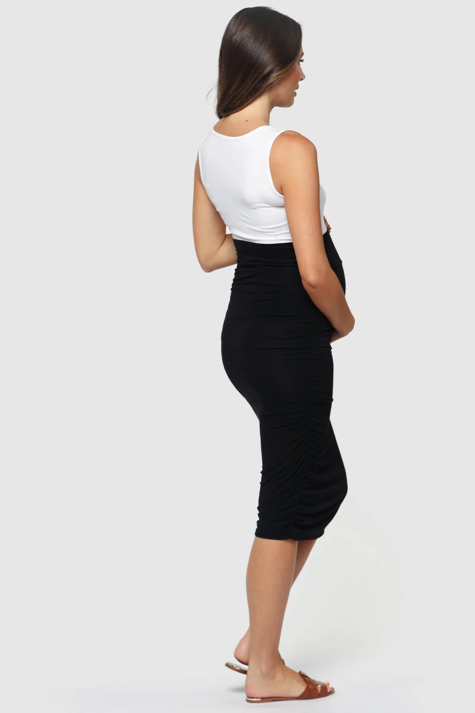 Long Ruched Maternity Skirt - Black