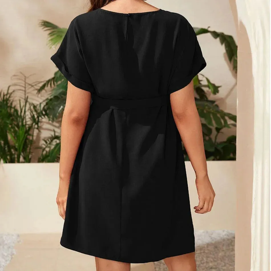 Maternity Clothings Solid Color Soft Elastic Maternity Dress Fashionable and Elegant Short Sleeved High Waisted Lace Up Dress