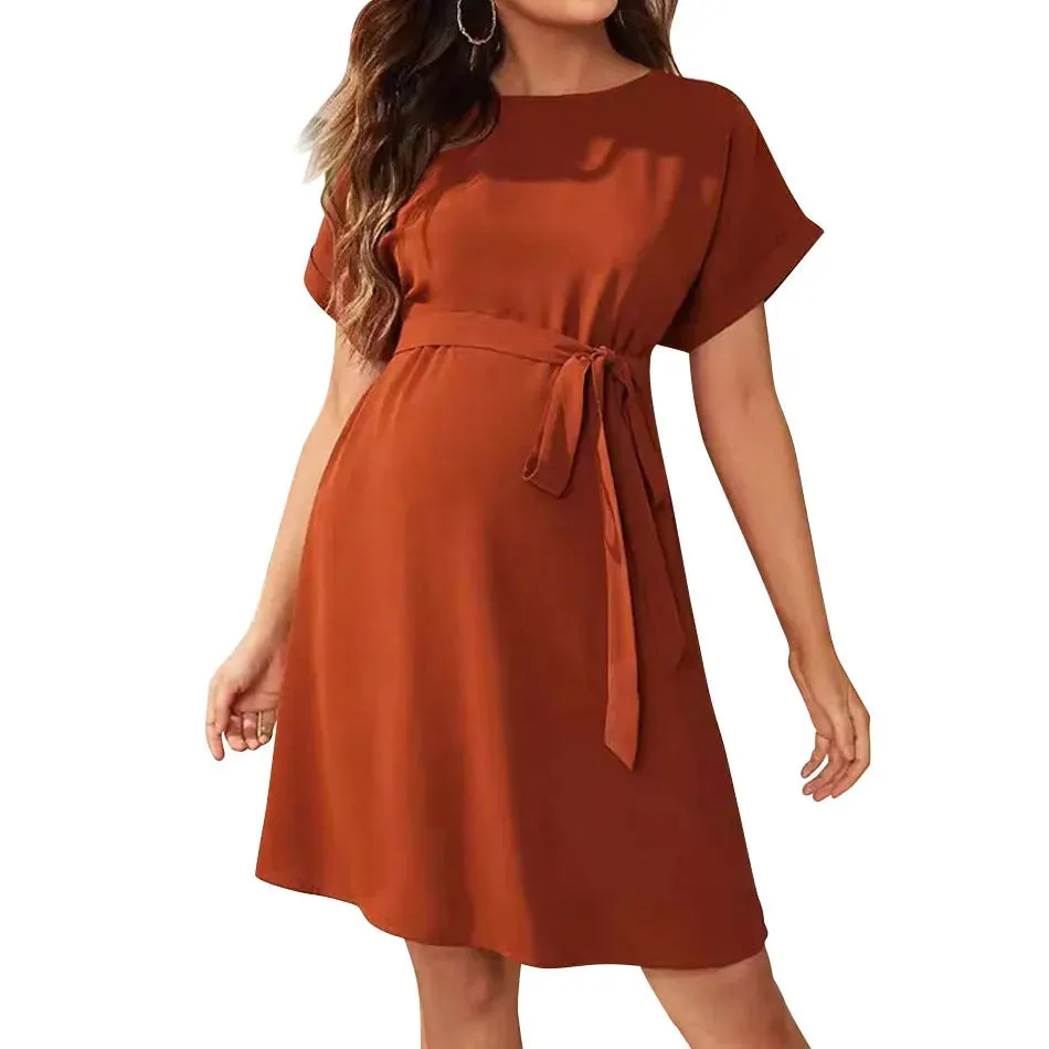 Maternity Clothings Solid Color Soft Elastic Maternity Dress Fashionable and Elegant Short Sleeved High Waisted Lace Up Dress