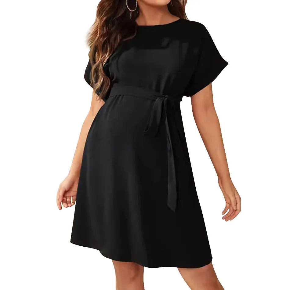 Maternity Clothings Solid Color Soft Elastic Maternity Dress Fashionable and Elegant Short Sleeved High Waisted Lace Up Dress