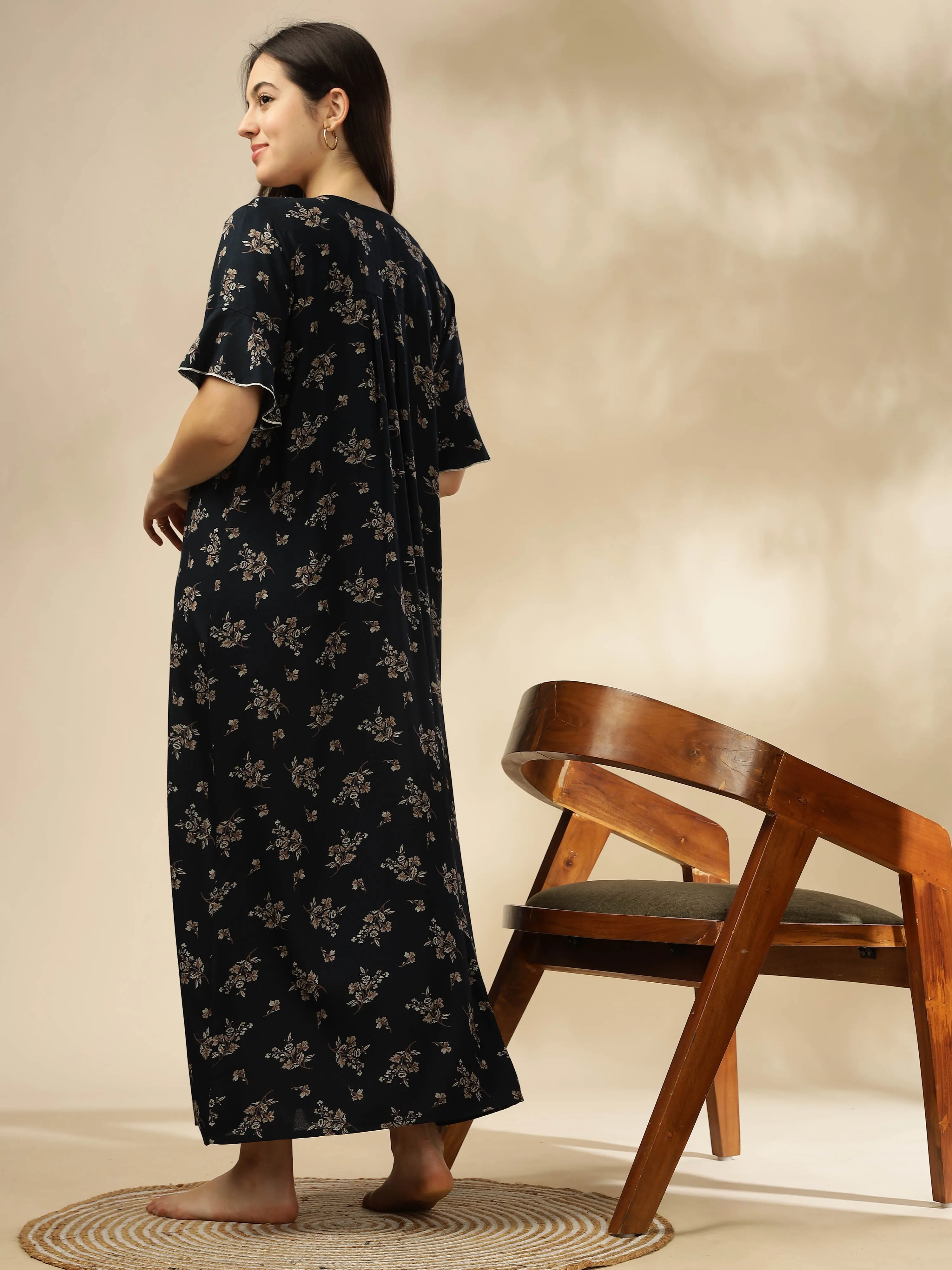 Midnight Blue Alpine Nighty Floral Print with Stylish Flutter Sleeves