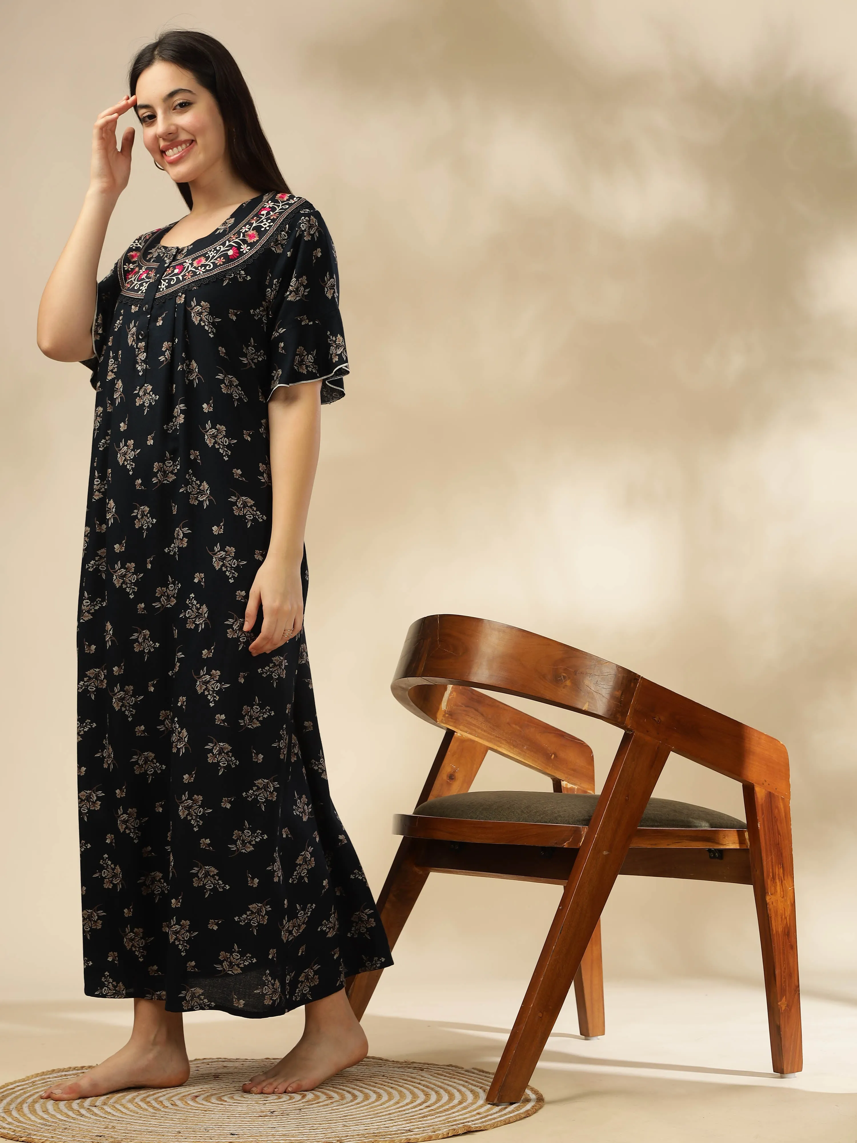 Midnight Blue Alpine Nighty Floral Print with Stylish Flutter Sleeves