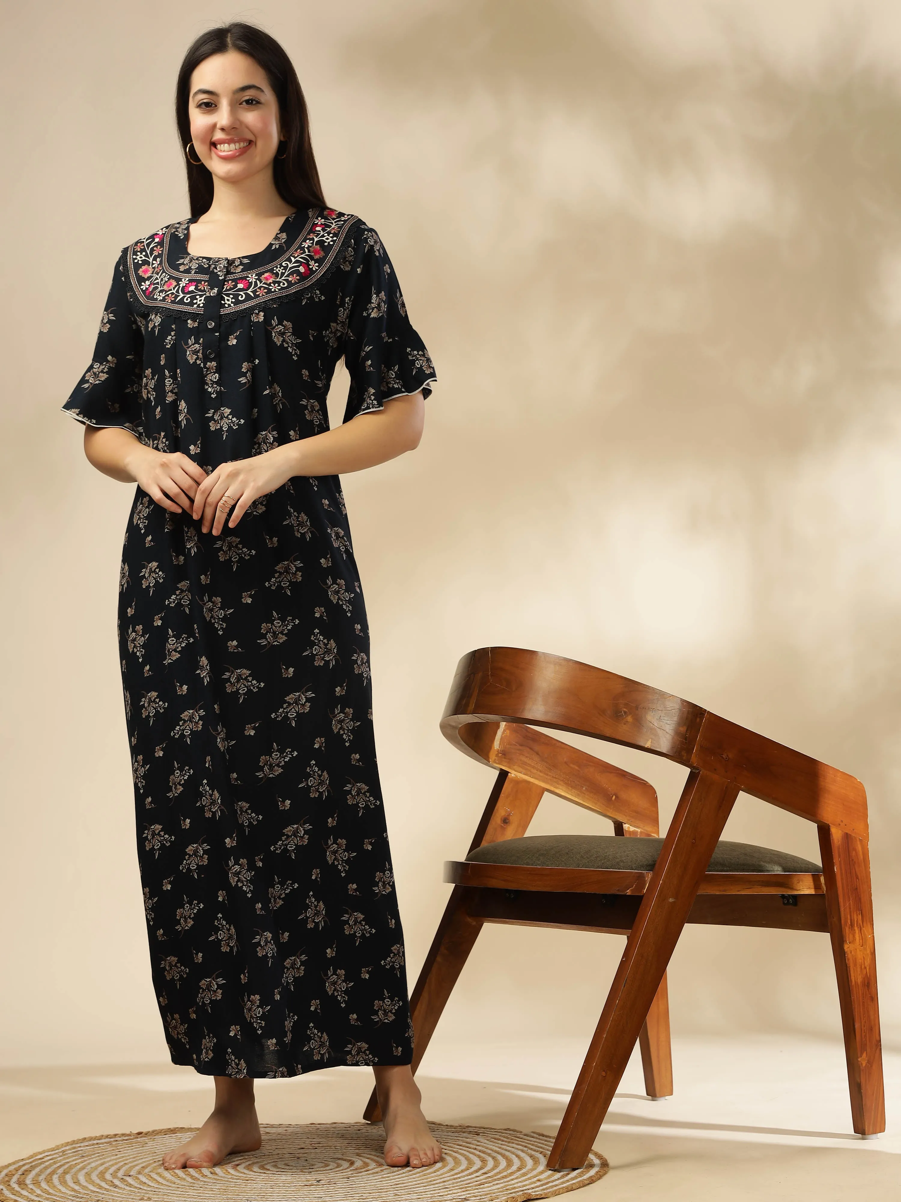 Midnight Blue Alpine Nighty Floral Print with Stylish Flutter Sleeves